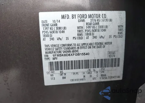 2015 Ford Explorer Xlt из США, поврежденный, VIN 1FM5K8D8XFGB15540